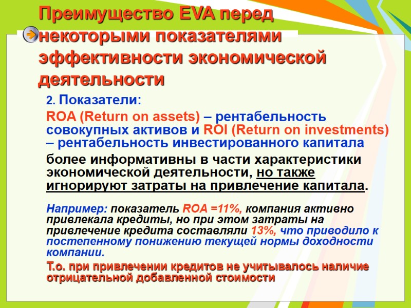 Преимущество EVA перед некоторыми показателями эффективности экономической деятельности 2. Показатели: ROA (Return Преимущество EVA перед некоторыми показателями эффективности экономической деятельности 2. Показатели: ROA (Return